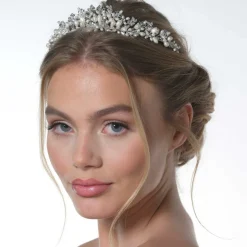 Poirier Akazien Silber Kristall Blätter und Süßwasserperlen Tiara* Perlen-haarschmuck | Silberne Haar-accessoires