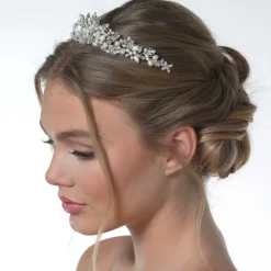 Poirier Akazien Silber Kristall Blätter und Süßwasserperlen Tiara* Perlen-haarschmuck | Silberne Haar-accessoires