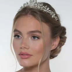 Poirier Akaziengold Kristall Blätter und Süßwasserperlen Tiara* Perlen-haarschmuck | Gold-haar-accessoires