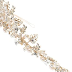 Poirier Akaziengold Kristall Blätter und Süßwasserperlen Tiara* Perlen-haarschmuck | Gold-haar-accessoires