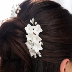 Lace & Favour Amelie Elfenbein Keramik Blume Gold Kamm und Haarnadel Set* Perlen-haarschmuck | Gold-haar-accessoires