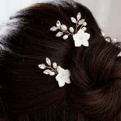 Lace & Favour Amelie Elfenbein Keramik Blume Gold Kamm und Haarnadel Set* Perlen-haarschmuck | Gold-haar-accessoires