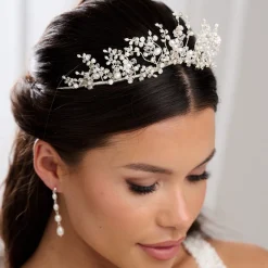 Beads & Beyond Anastacia Statement-Tiara mit Süßwasserperlen und Opalkristall* Perlen-haarschmuck | Silberne Haar-accessoires
