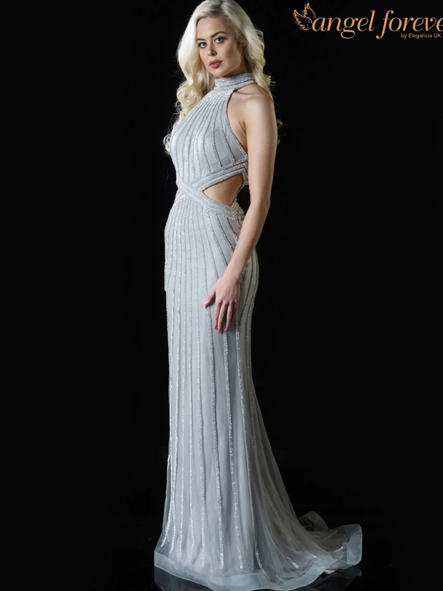 Angel Forever Diamantenes High Neck Ballkleid mit Cut Outs (Silber)* Angel Forever Ballkleider