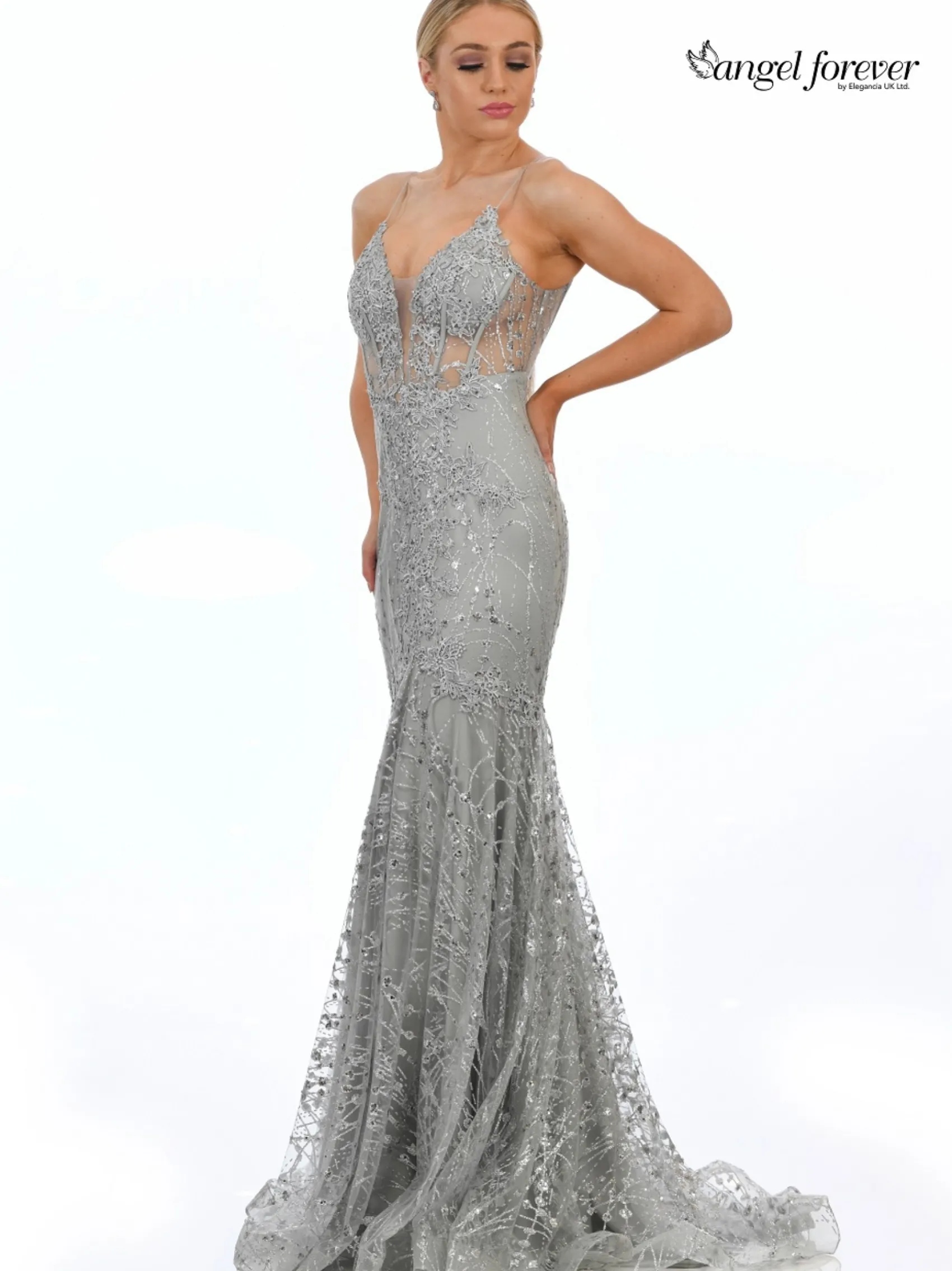 Angel Forever Glitzer-Spitzen-Korsett-Abschlussballkleid (Silber)* Angel Forever Ballkleider
