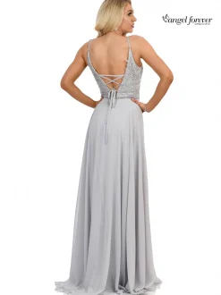 Angel Forever Perlenbesetztes A-Line Chiffon-Abschlussballkleid mit Schlitz (Silber)* Angel Forever Ballkleider