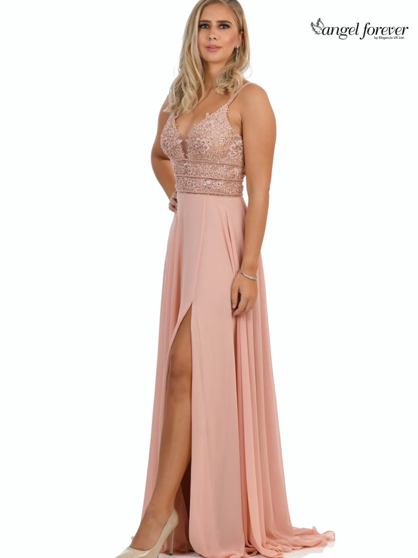 Angel Forever Perlenbesetztes A-Line Chiffon-Abschlussballkleid (Rose Pink)* Angel Forever Ballkleider | Rosa Ballkleider