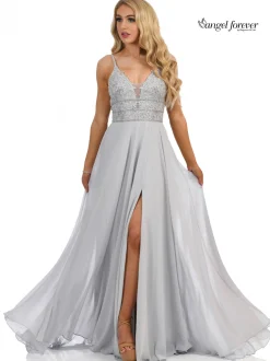 Angel Forever Perlenbesetztes A-Line Chiffon-Abschlussballkleid mit Schlitz (Silber)* Angel Forever Ballkleider
