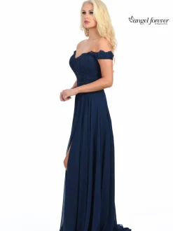 Angel Forever Schulterfreies Chiffon-Abschlussballkleid mit Spitzenmieder* Angel Forever Ballkleider | Marineblaue Ballkleider