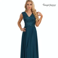 Angel Forever V-Ausschnitt A-Linie Chiffon-Abschlussballkleid mit Spitzen-Bodice (Teal)* Angel Forever Ballkleider | Blaugrüne Ballkleider