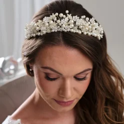 Arianna Charlie Statement Perle und Blumen Tiara AR803* Perlen-haarschmuck | Silberne Haar-accessoires