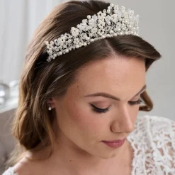 Arianna Florale Perle und Kristall Statement Tiara AR749* Perlen-haarschmuck | Silberne Haar-accessoires