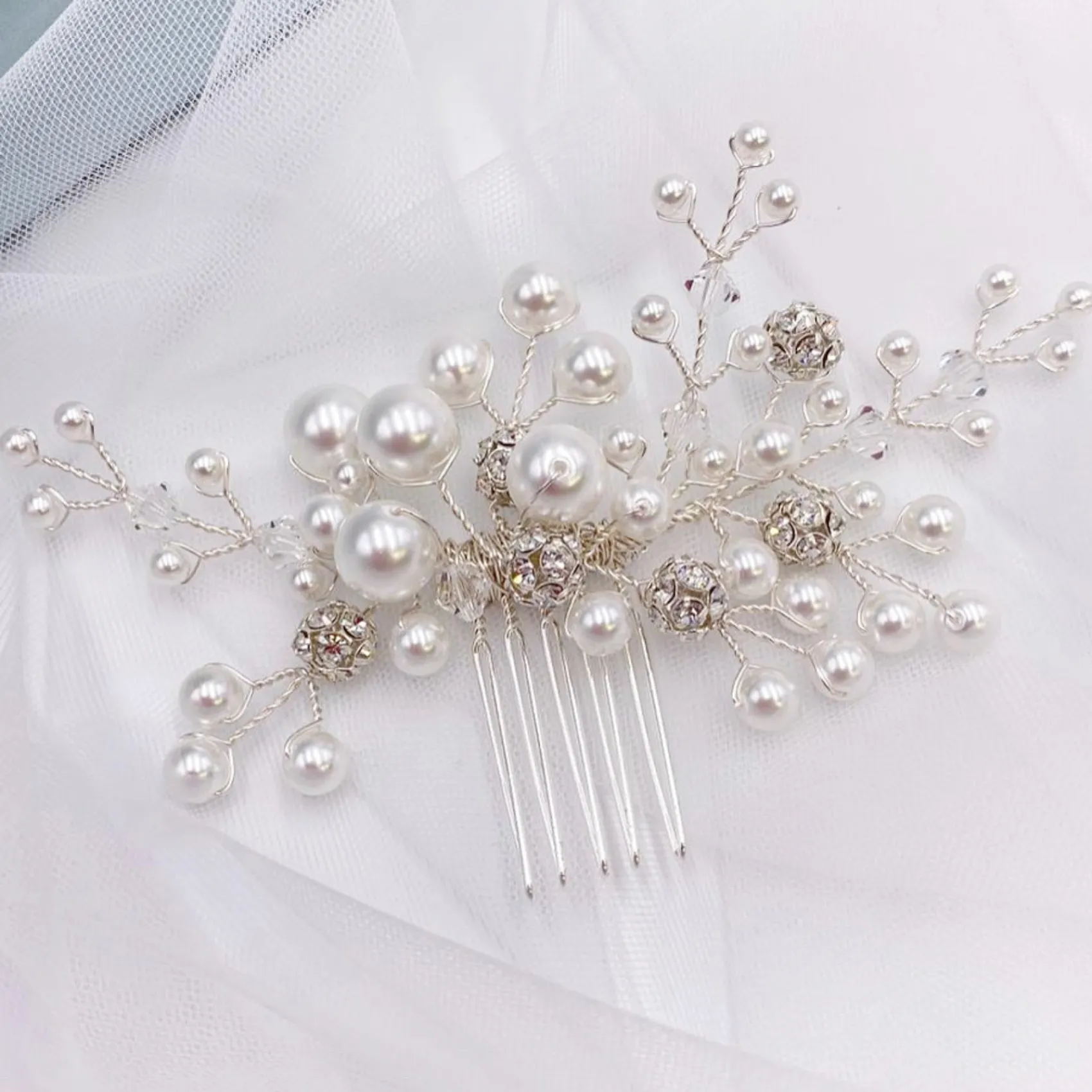 Arianna Mira Perlen- und Kristall-Haarkamm AR614* Perlen-haarschmuck | Silberne Haar-accessoires