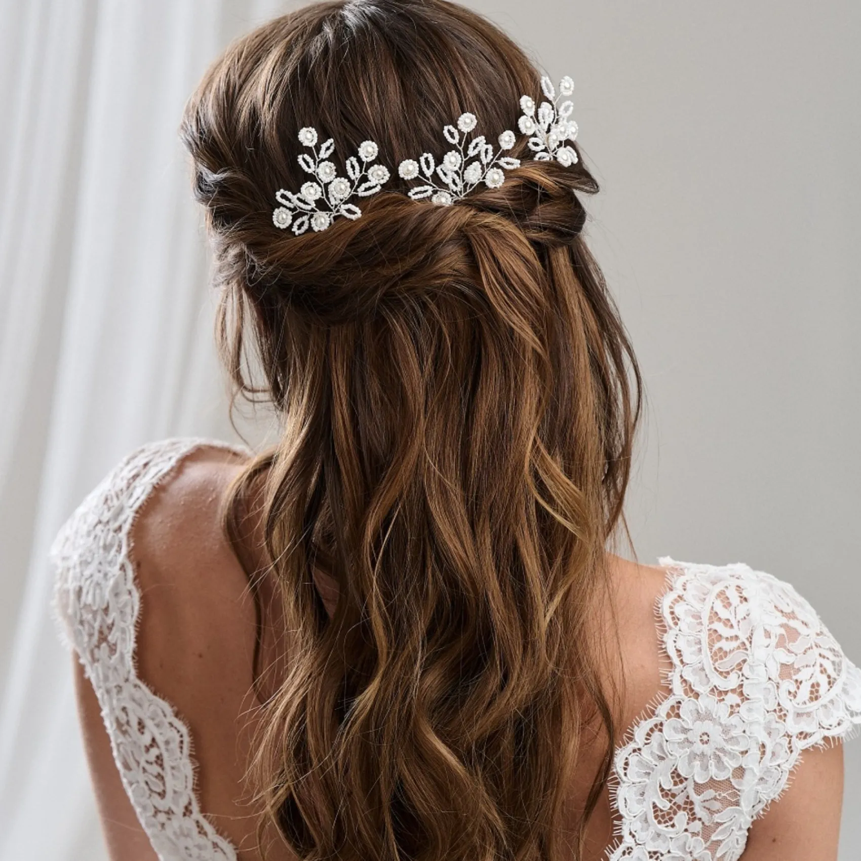 Arianna Satz von 3 floralen Perlen und Perlen Haarnadeln ARP754* Perlen-haarschmuck | Silberne Haar-accessoires