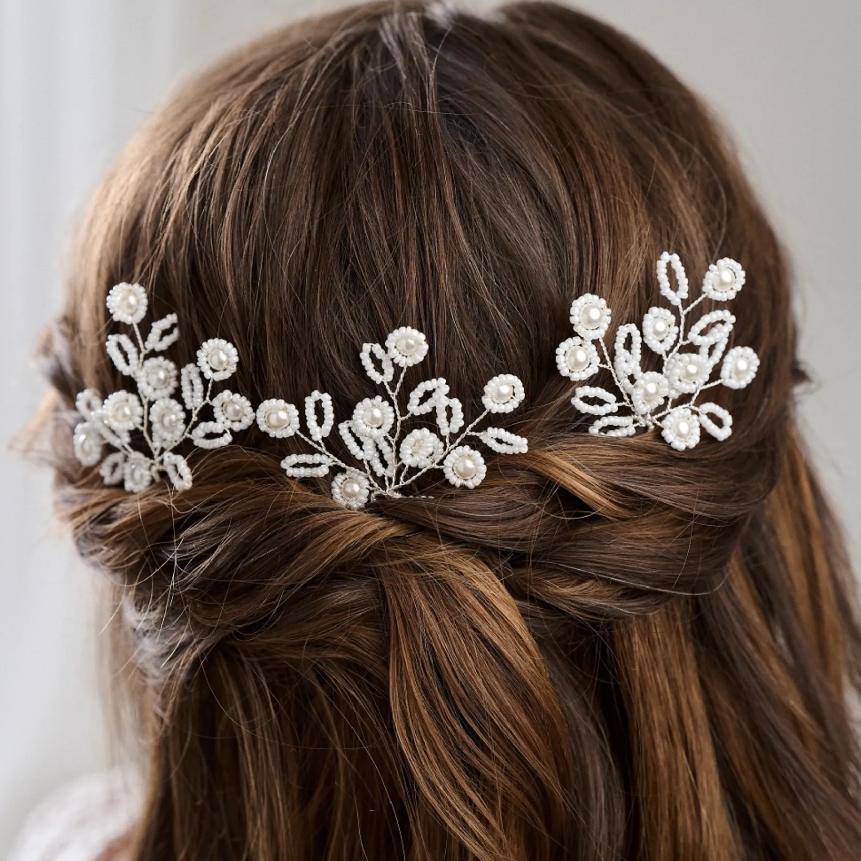 Arianna Satz von 3 floralen Perlen und Perlen Haarnadeln ARP754* Perlen-haarschmuck | Silberne Haar-accessoires