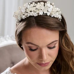 Arianna Statement-Perle und Blumen-Krone AR717* Perlen-haarschmuck | Silberne Haar-accessoires