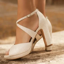 Avalia Shoes Avalia Cindy Silber Glitter Cross Strap Block Heel Plattform Sandalen* Glitzernde Ballschuhe | Goldene Ballschuhe