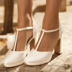 Avalia Shoes Avalia Coco Elfenbein Satin hohe Blockabsatz T-Bar Schuhe* Hochzeitsschuhe | Hochhackige Schuhe