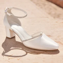Avalia Shoes Avalia Nel Elfenbein Satin und Diamanten Knöchelriemen Mid Block Heels* Glitzernde Ballschuhe | Silberne Ballschuhe