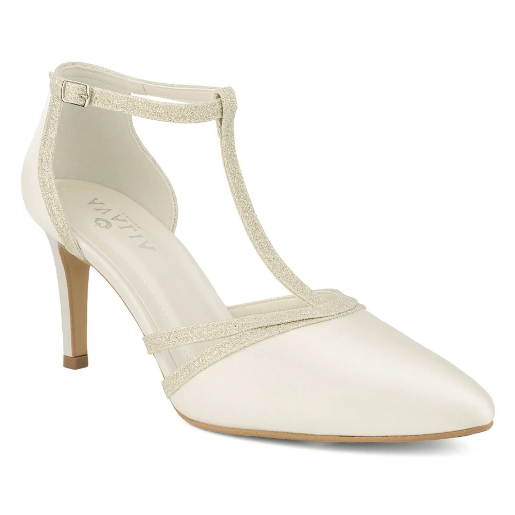 Avalia Shoes Avalia Wilma Elfenbein Satin und Silber Glitter T-Bar Schuhe* Hochzeitsschuhe | Hochhackige Schuhe