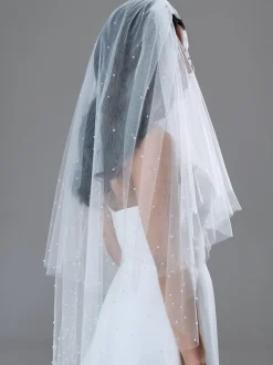 Twilight Designs Bellavue Elfenbein zweistufiger Schleier mit Perlenbesatz und Schnittkante* Zweistufiger Schleier | Fingerspitzen-schleier