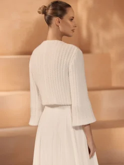 Bianco Evento Bianco Elfenbein gestrickt drei Viertel Ärmel Braut Jacke E432* Brautjacken & Strickjacken | Boleros Und Jacken Für Hochzeiten
