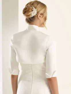 Bianco Evento Bianco Elfenbein Matte Satin 3/4 Länge Ärmel Hochzeit Jacke E55S* Boleros Und Jacken Für Hochzeiten