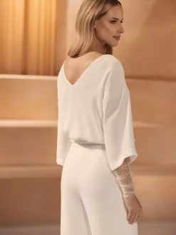 Bianco Evento Bianco Elfenbein Stretch Krepp 3/4 Ärmel Top E417* Braut-oberteile