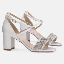 Perfect Bridal Blair Elfenbein Satin Kristall verschönert Kreuz Riemen Blockabsatz Sandalen* Hochzeitsschuhe | Schuhe Mit Mittlerem Absatz