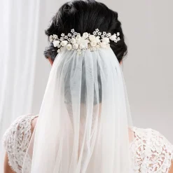 Lace & Favour Blossom Porzellan Blumen und Blush Perlen Hochzeit Haarkamm* Perlen-haarschmuck | Silberne Haar-accessoires