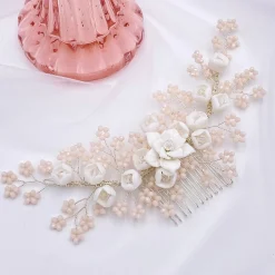Lace & Favour Blossom Porzellan Blumen und Blush Perlen Hochzeit Haarkamm* Perlen-haarschmuck | Silberne Haar-accessoires