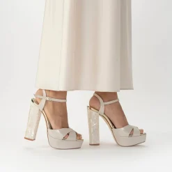 Freya Rose Bonnie Champagner Wildleder Mutter der Perle Blockabsatz Plattform Sandalen* Schuhe Für Hochzeitsgäste | Hochzeitsschuhe