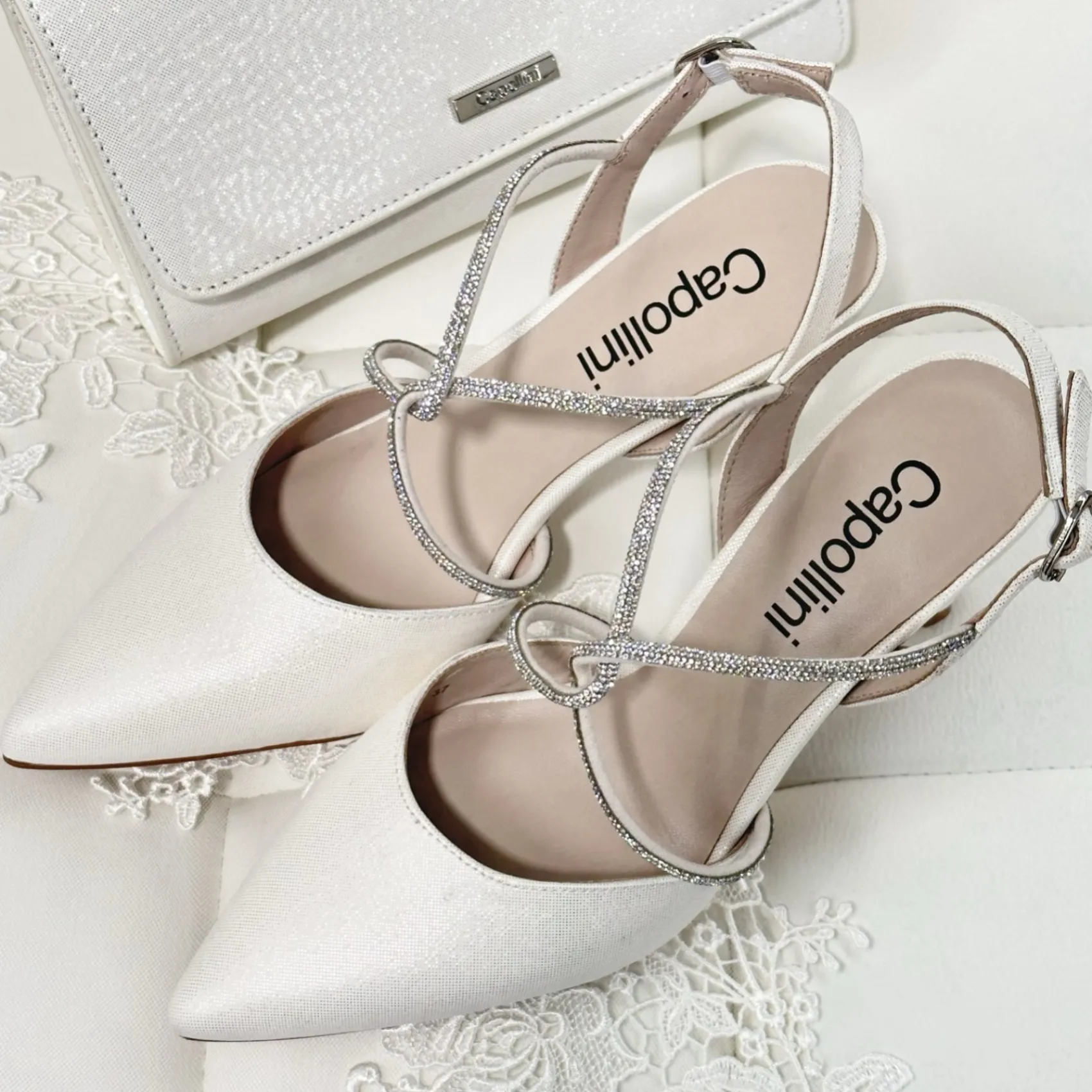 Capollini Charlotte Creme Leder Diamante Kreuzriemen Slingbacks* Party-schuhe | Schuhe Für Hochzeitsgäste