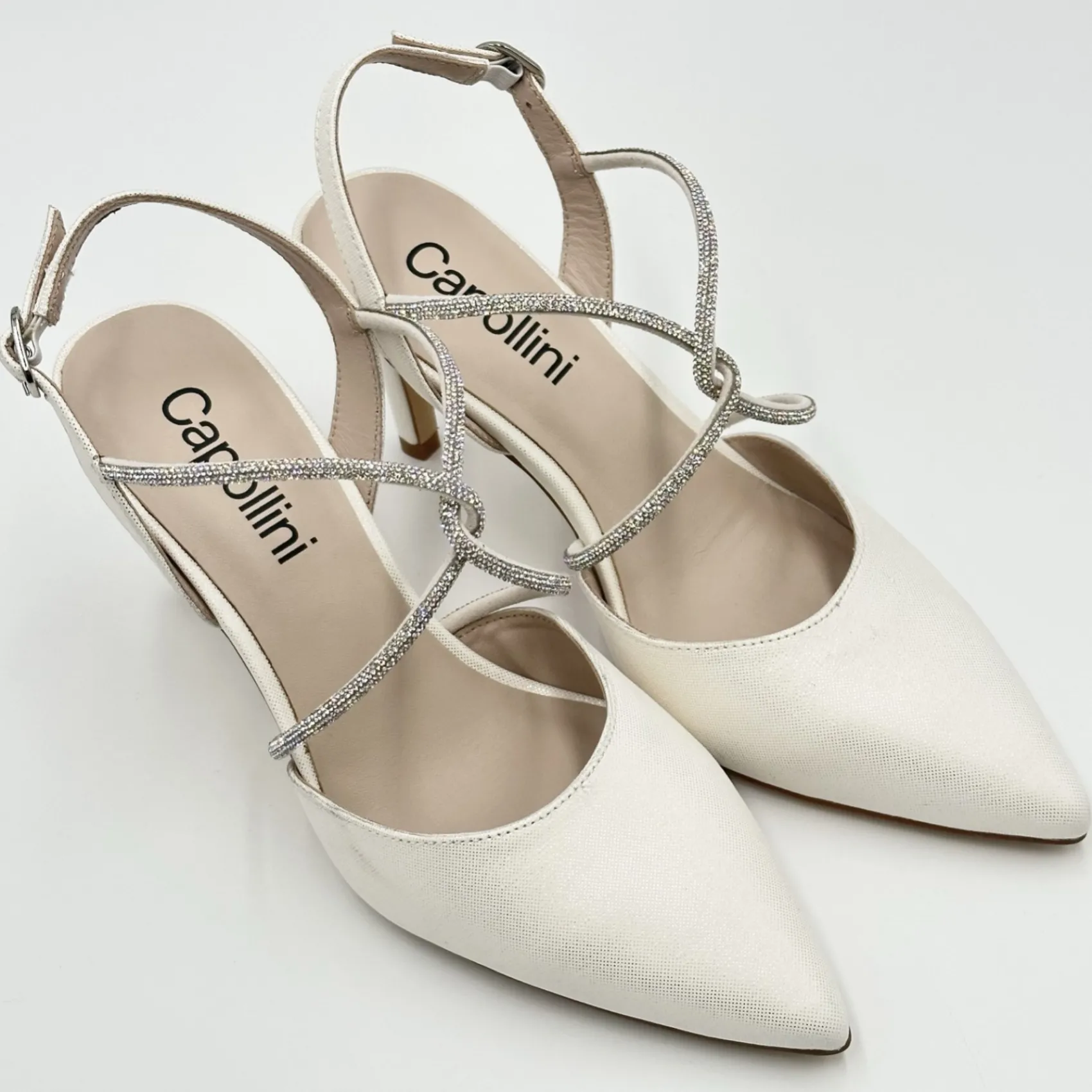 Capollini Charlotte Creme Leder Diamante Kreuzriemen Slingbacks* Party-schuhe | Schuhe Für Hochzeitsgäste
