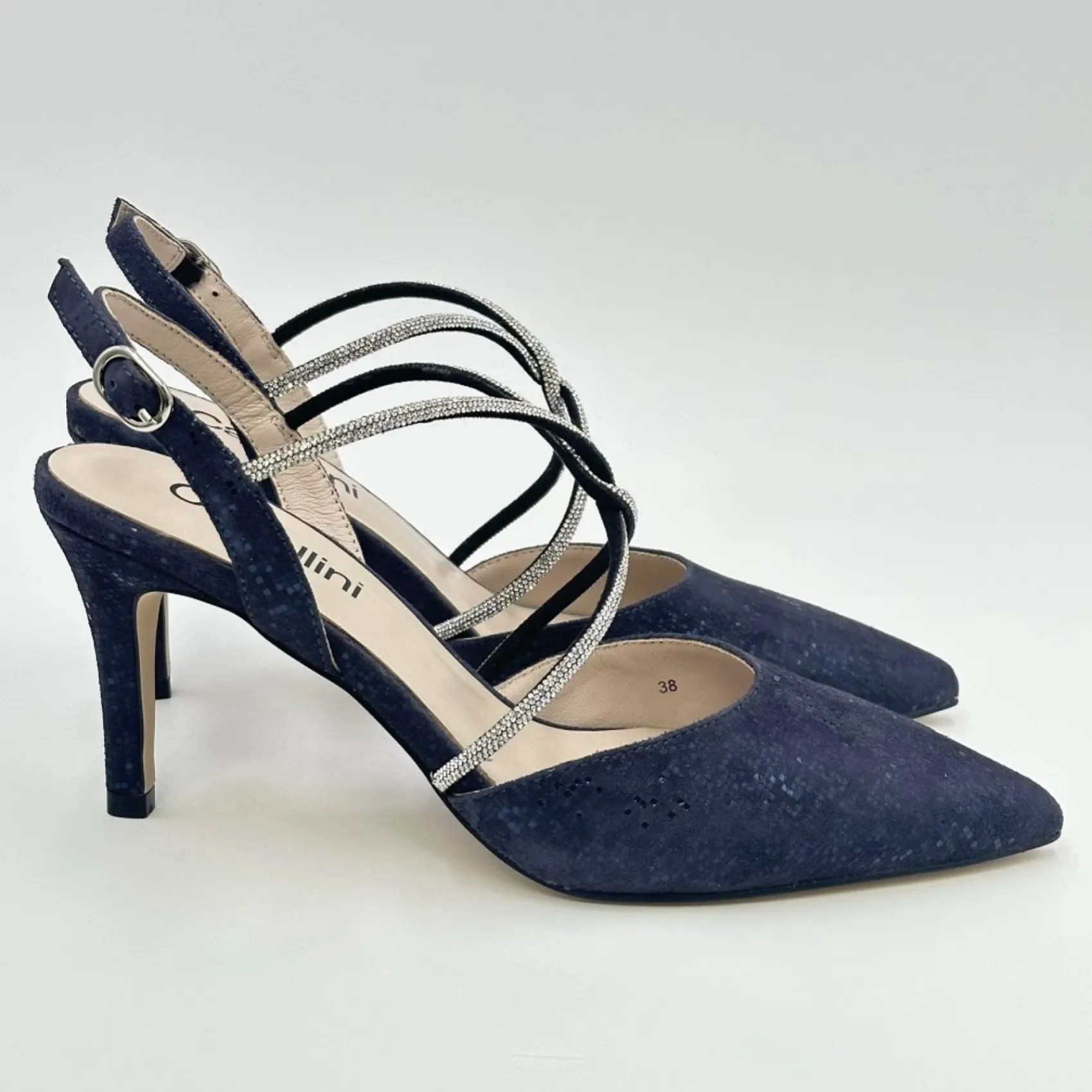 Capollini Charlotte Marineblaues Nubukleder Diamantenkreuzriemen Slingback* Party-schuhe | Schuhe Für Hochzeitsgäste