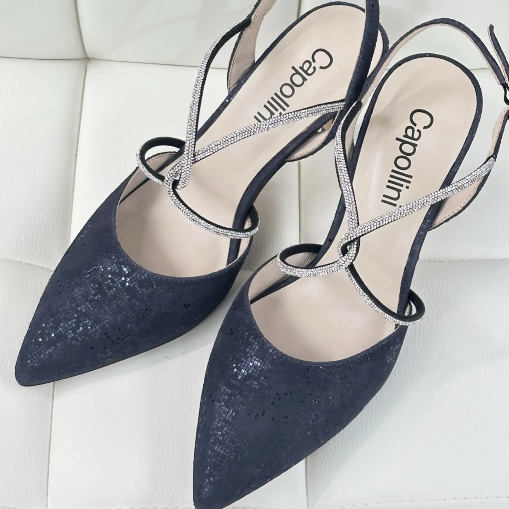 Capollini Charlotte Marineblaues Nubukleder Diamantenkreuzriemen Slingback* Party-schuhe | Schuhe Für Hochzeitsgäste