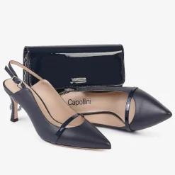 Capollini Emory Navy Leder Slingbacks mit mittlerem Absatz und Lackband* Schuhe Für Hochzeitsgäste | Schuhe Für Die Mutter Der Braut