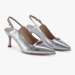 Capollini Emory Silberne Leder Slingbacks mit mittlerem Absatz und Patentriemen* Schuhe Für Hochzeitsgäste | Schuhe Für Die Mutter Der Braut