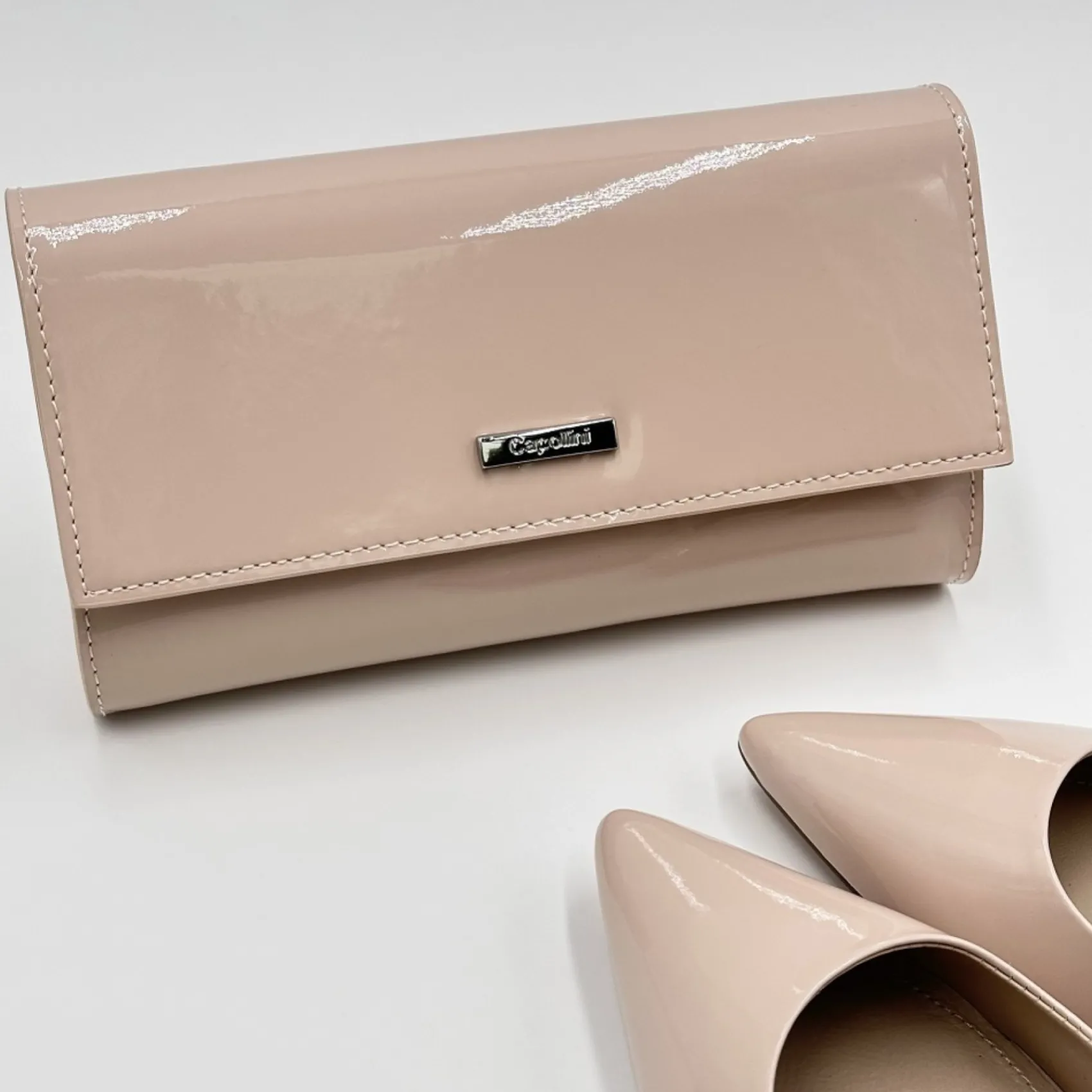 Capollini Nude Pink Lackleder Clutch Tasche* Hochzeitsgäste-taschen | Anlass Handtaschen