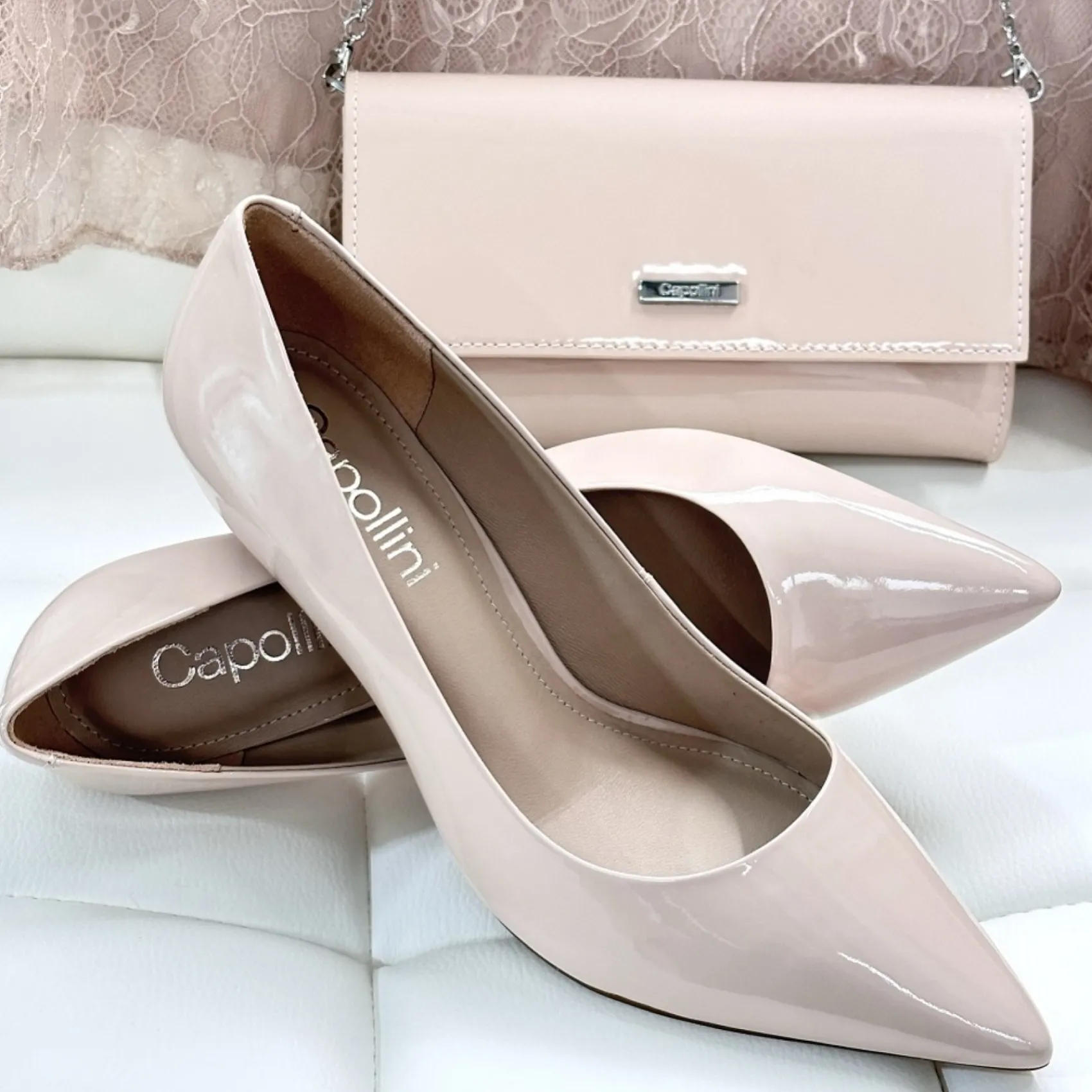 Capollini Nude Pink Lackleder Clutch Tasche* Hochzeitsgäste-taschen | Anlass Handtaschen