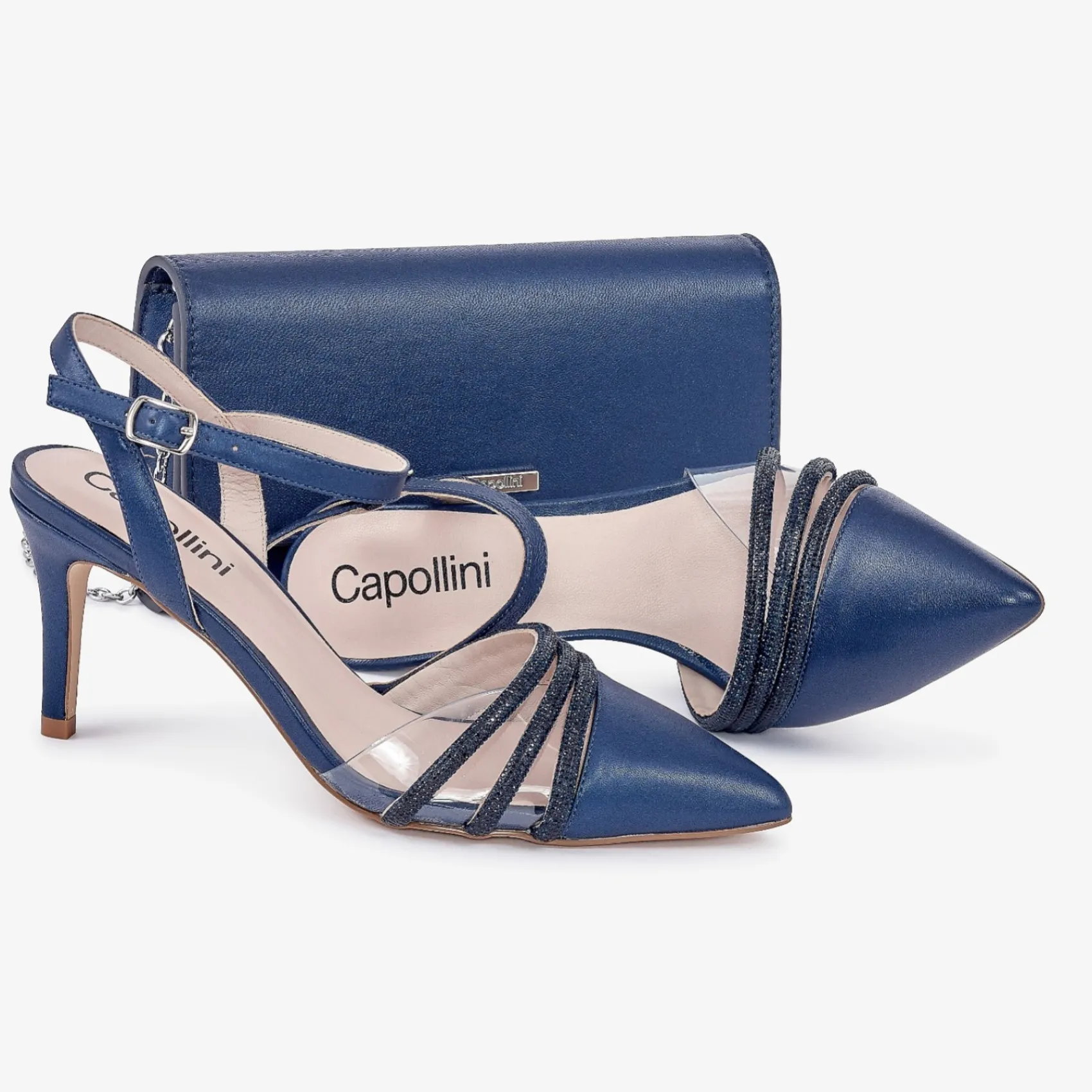 Capollini Ophelia Marineblaue Slingbacks aus perlenbesetztem Leder mit Knöchelriemen* Schuhe Für Hochzeitsgäste | Schuhe Für Die Mutter Der Braut