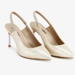 Capollini Sophia Champagner Nubukleder Diamante Slingback Stilettos* Glitzernde Ballschuhe | Goldene Ballschuhe