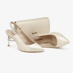 Capollini Sophia Champagner Nubukleder Diamante Slingback Stilettos* Glitzernde Ballschuhe | Goldene Ballschuhe
