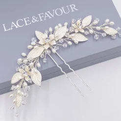 Twilight Designs Carlene Silber Blumen und Blätter Haarnadel* Perlen-haarschmuck | Silberne Haar-accessoires