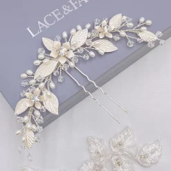 Twilight Designs Carlene Silber Blumen und Blätter Haarnadel* Perlen-haarschmuck | Silberne Haar-accessoires