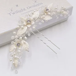 Twilight Designs Carlene Silber Blumen und Blätter Haarnadel* Perlen-haarschmuck | Silberne Haar-accessoires