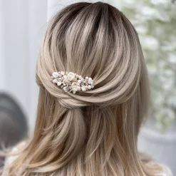 Poirier Deloras Gold Süßwasserperlen und Blumen Mini-Haarkamm* Perlen-haarschmuck | Gold-haar-accessoires