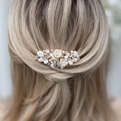 Poirier Deloras Gold Süßwasserperlen und Blumen Mini-Haarkamm* Perlen-haarschmuck | Gold-haar-accessoires