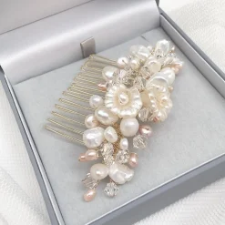 Poirier Deloras Gold Süßwasserperlen und Blumen Mini-Haarkamm* Perlen-haarschmuck | Gold-haar-accessoires