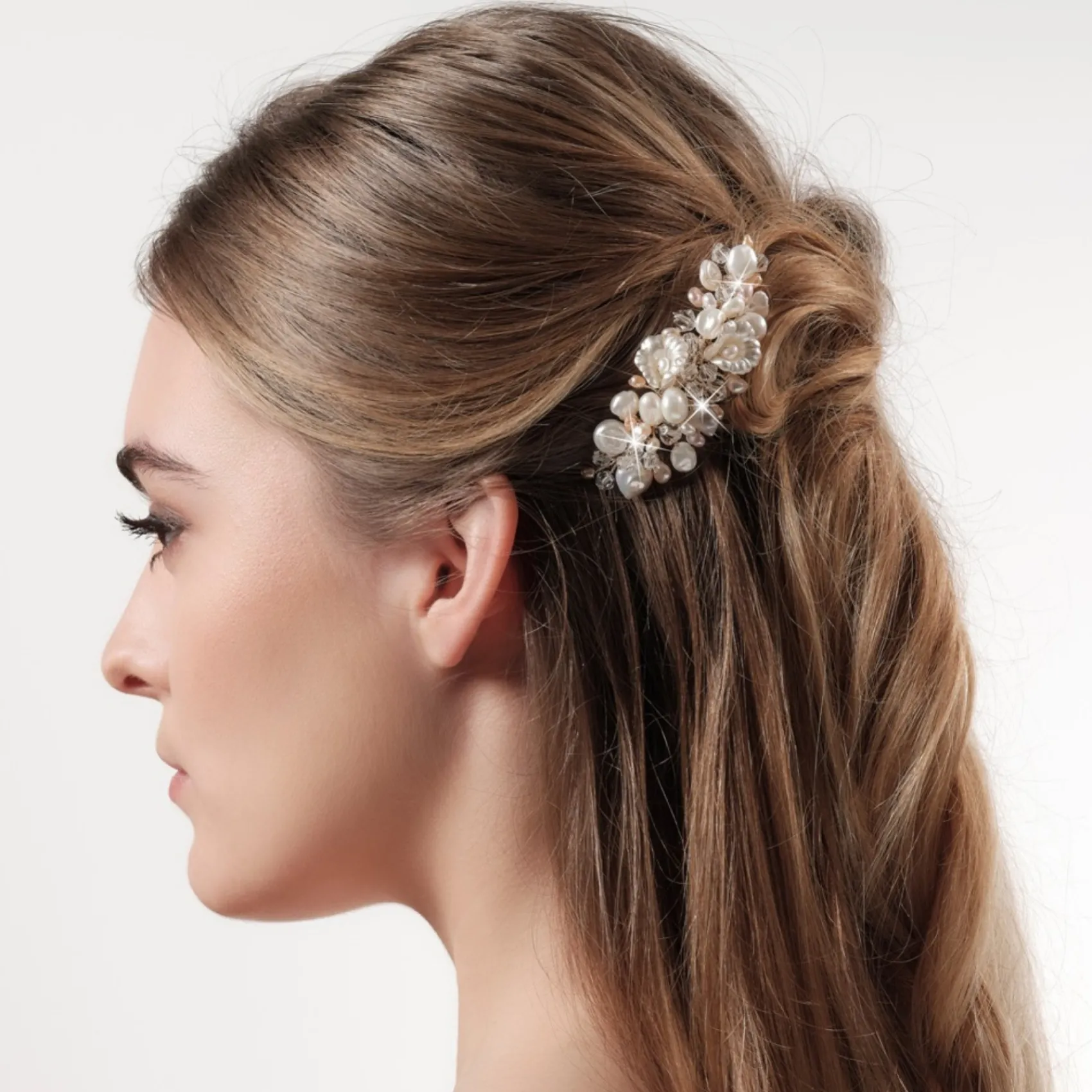 Poirier Deloras Gold Süßwasserperlen und Blumen Mini-Haarkamm* Perlen-haarschmuck | Gold-haar-accessoires